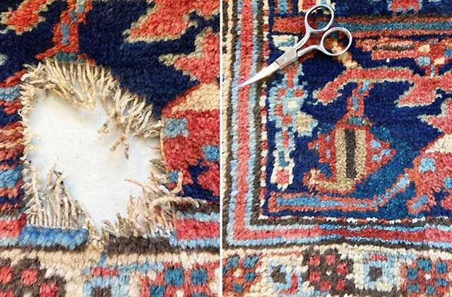 Avant/après d'un tapis ancien attaqué par les mites : la zone dévorée jusqu'à la trame, puis le même coin réparé