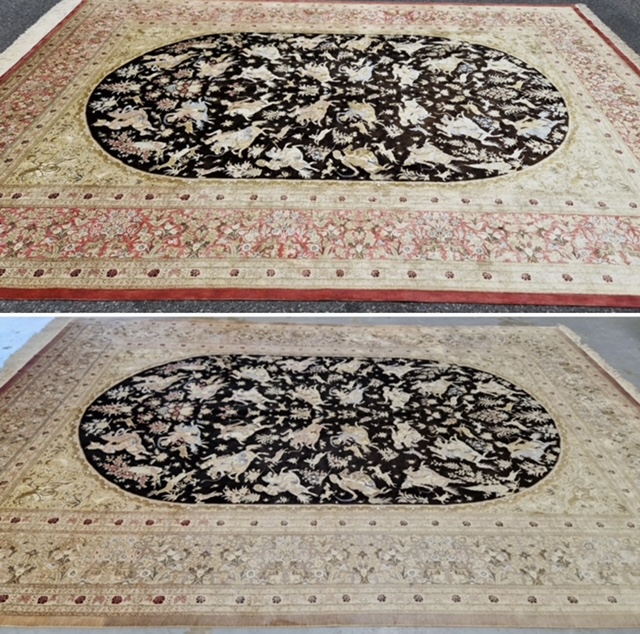 Avant/après d'un tapis à médaillon noir : le fond et les bordures reprennent leur contraste et leur profondeur d'origine