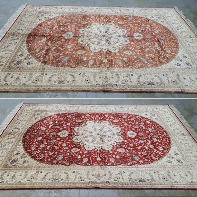 Avant/après d'un tapis persan à médaillon rouge : le rouge terracotta terni redevient rouge profond et éclatant