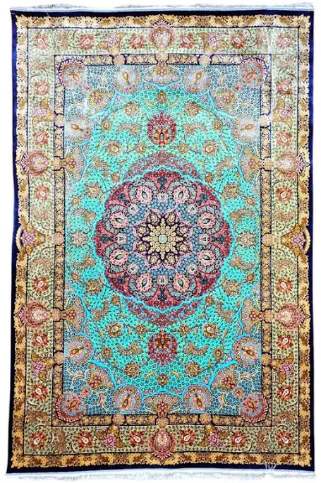 Tapis persan turquoise à médaillon, encadrement crème et or
