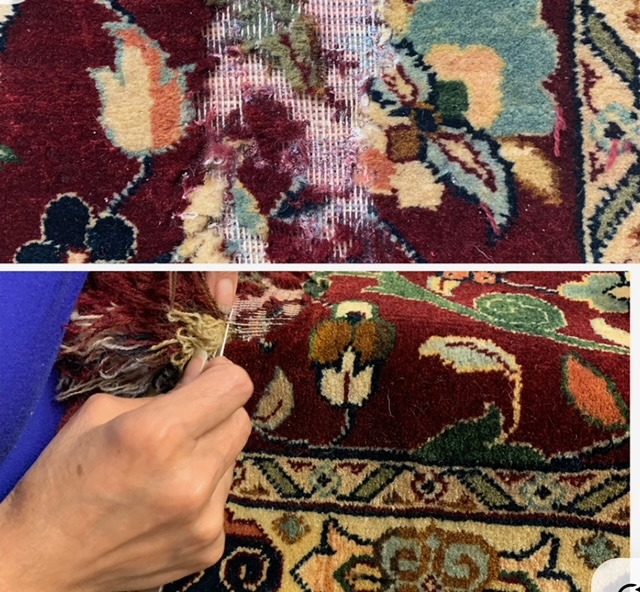 Avant/après d'un tapis rouge foncé : la partie mangée par les mites, puis la main de l'artisan retissant le velours à l'aiguille