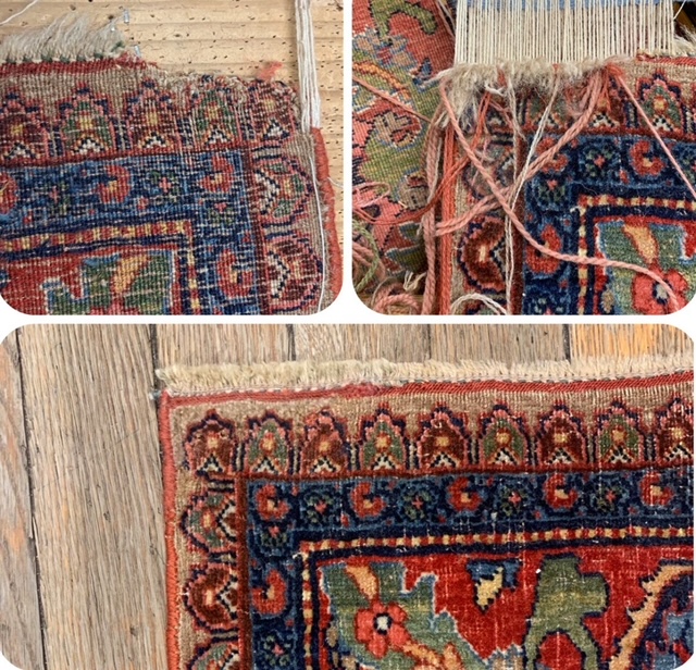 Bordure et frange fragilisées par les mites : les fils de chaîne reconstitués, puis le coin réparé sur un tapis persan