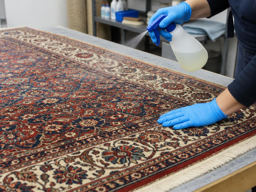 Application gantée d’un traitement protecteur anti-mites sur un tapis