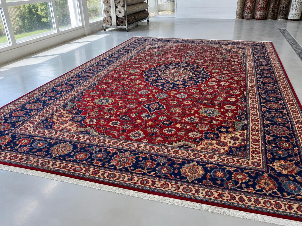 Tapis fraîchement lavé aux rouges et bleus ravivés, séchant à plat