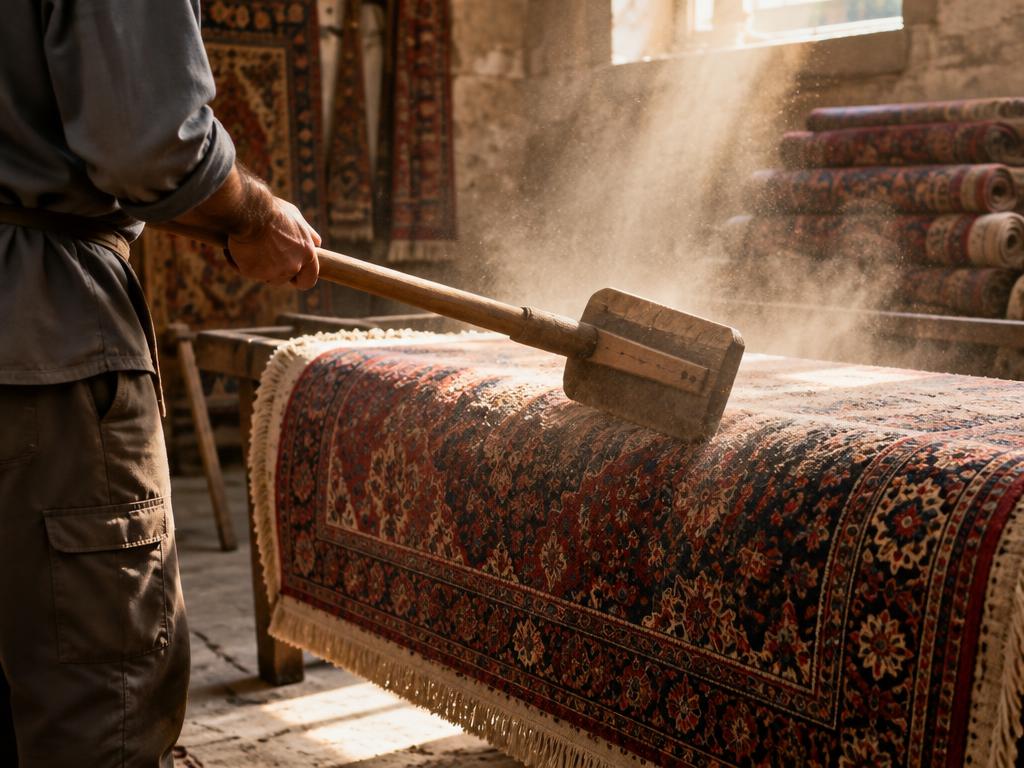 Battage doux d’un tapis dans l’atelier pour en retirer la poussière incrustée