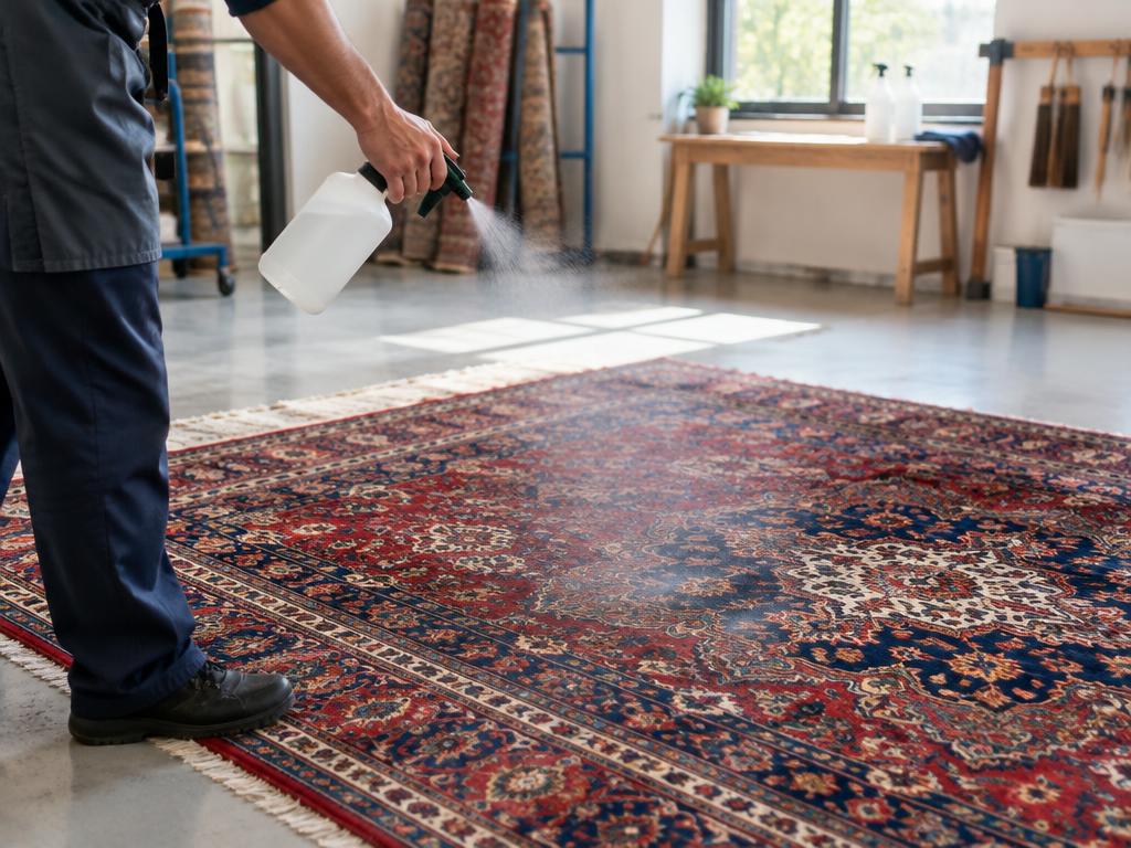 Traitement désodorisant vaporisé sur un tapis étalé dans l’atelier