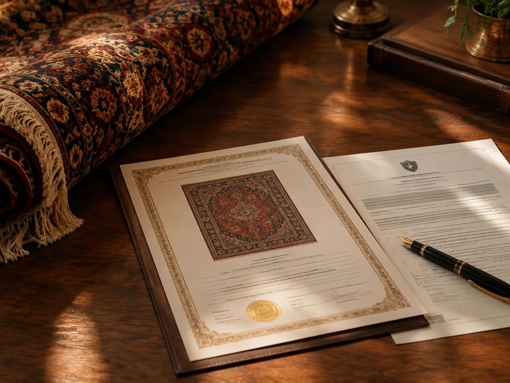 Certificat de valeur et documents d’assurance posés à côté d’un tapis roulé