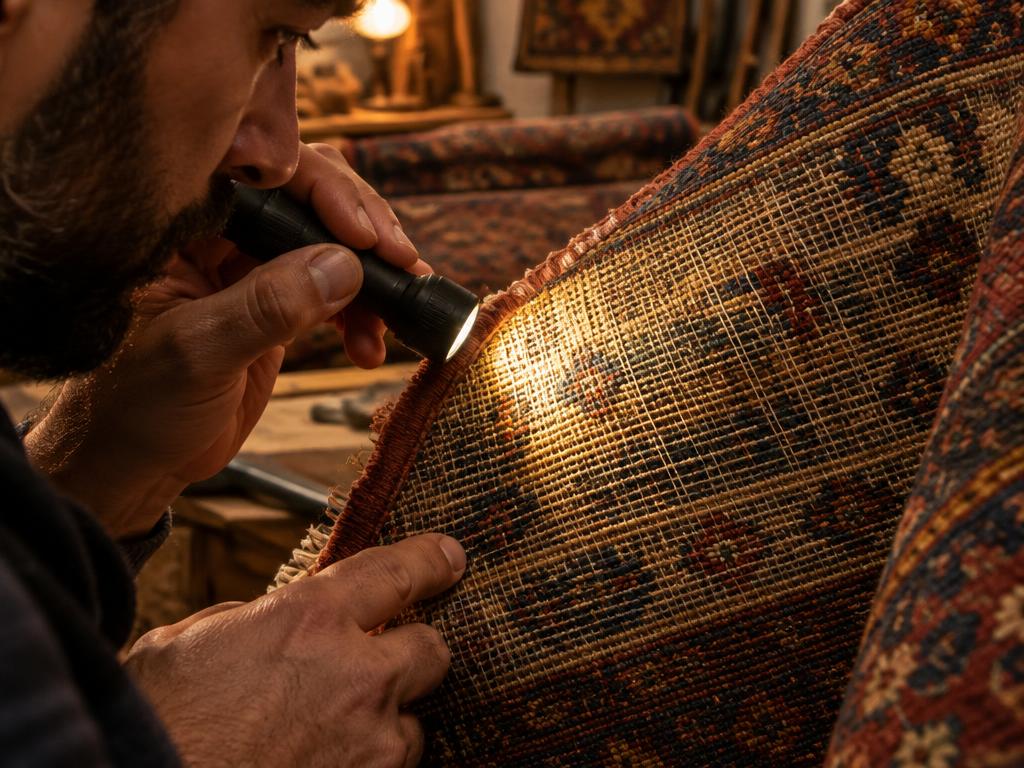 Examen à la lampe de l’envers d’un tapis pour vérifier le tissage