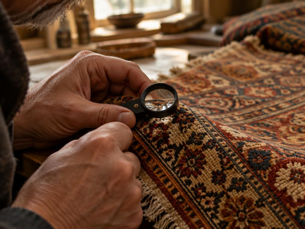 Examen à la loupe de la densité de nouage d’un tapis ancien