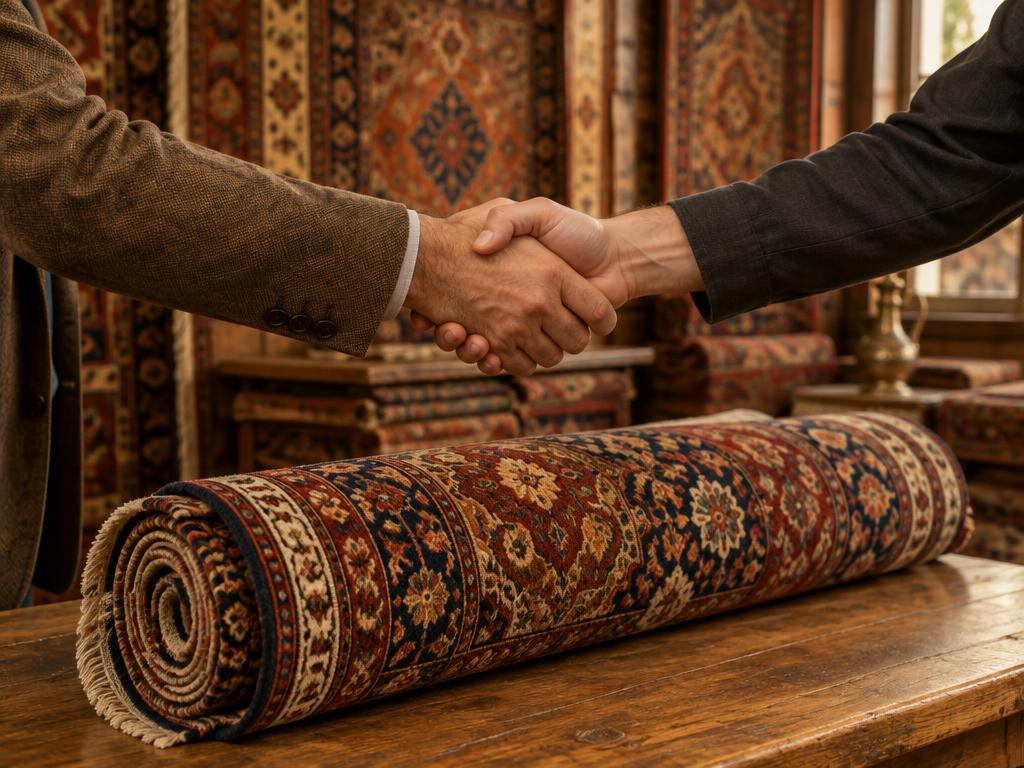 Poignée de main au-dessus d’un tapis roulé dans une boutique de tapis