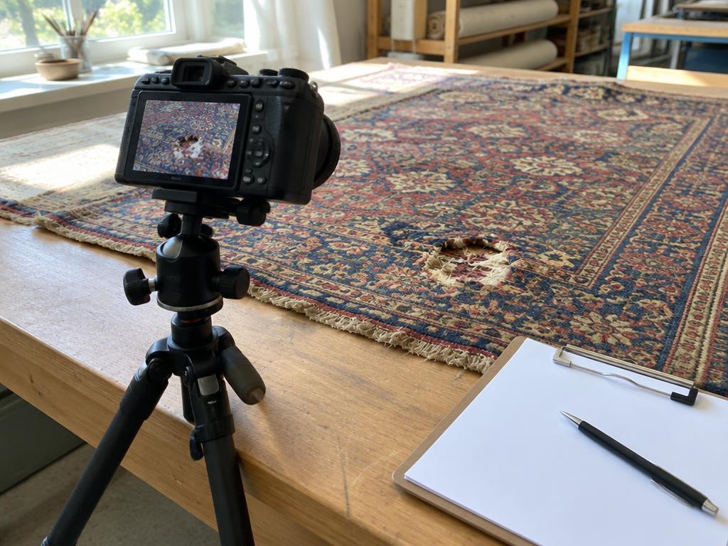 Appareil photo sur trépied documentant les dommages d’un tapis