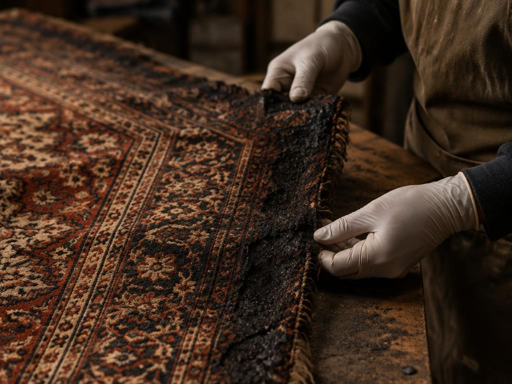 Bord de tapis noirci par la suie examiné avec des gants