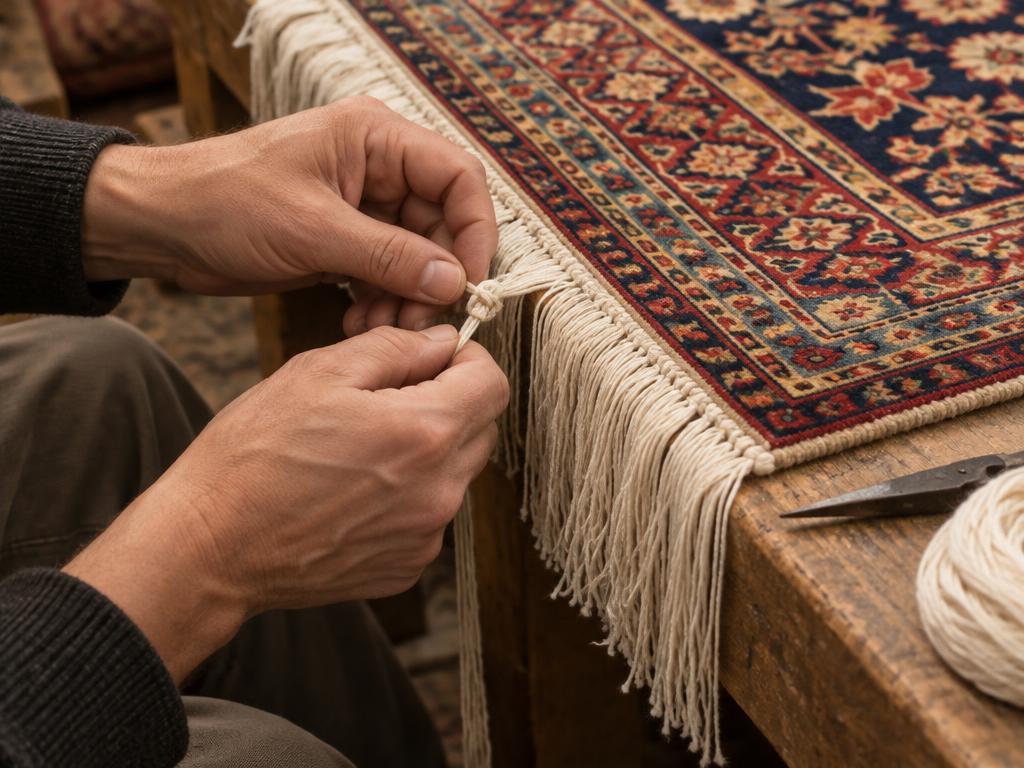 Nouage à la main d’une nouvelle frange crème au bout d’un tapis