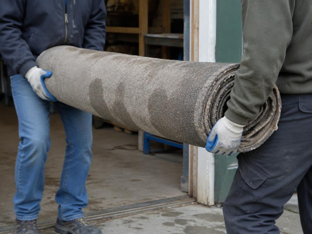 Tapis roulé et humide transporté prudemment par deux personnes gantées