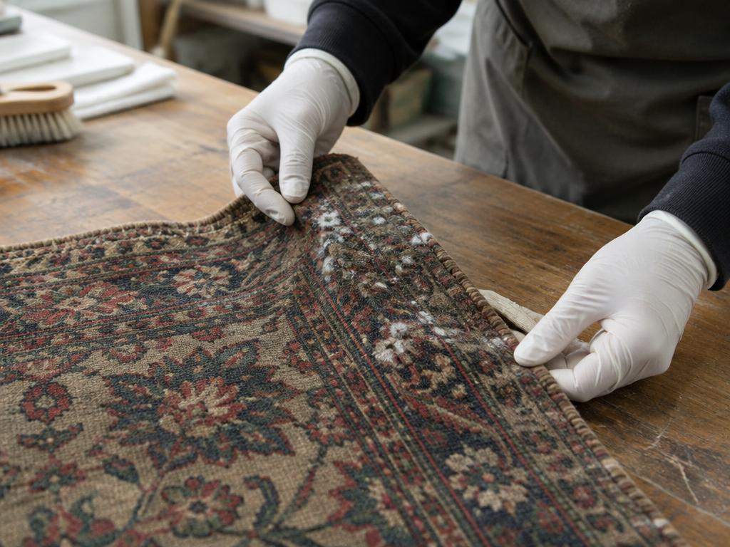 Coin de tapis présentant des traces de moisissure, examiné avec des gants